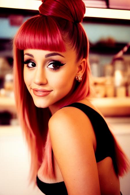 lomo style portrait of ariana grande at an ice cream parlor