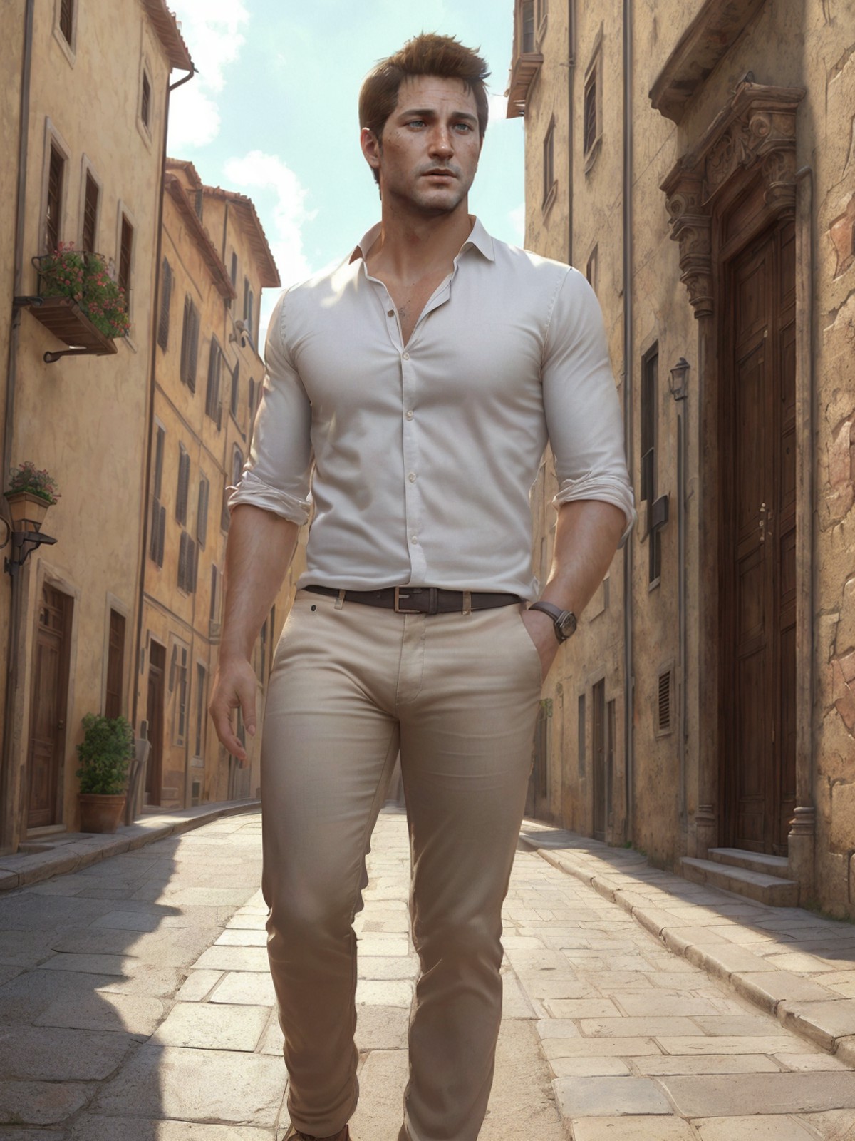<lora:NateV1:0.7>, photo of nateu4, man solo, brown pants, short hair, white shirt, upper body, stands on a narrow Italian...