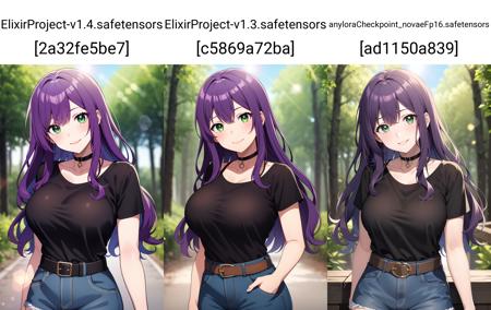 (masterpiece), best quality, expressive eyes, perfect face, 1girl, solo,
long hair, wavy hair, purple hair, green eyes, large breasts, black t-shirt, choker, head tilt, smile, denim shorts, belt,
portrait, forest, cloudy sky, lens flare, blurry background,