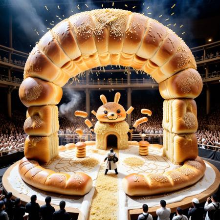 a battle arena built from crusted bun segments, walls oozing filling with every impact, soft bread columns collapsing into fluff, fighters wearing armor baked from savory crusts, crowd tossing sesame petals into the air, Buns