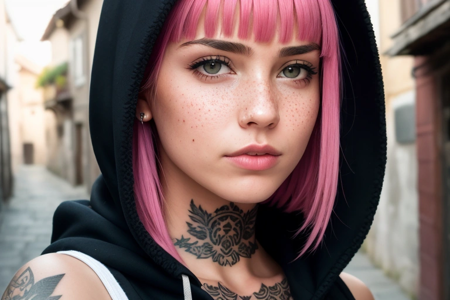 best quality, masterpiece, RAW photo, photorealistic, detailed, woman, hoodie, arm tattoo, portrait, asymmetrical bangs, bandaid, short hair, bangs, breasts, freckles, grey eyes, large breasts, looking at viewer, neck tattoo, nose piercing, pink hair, solo, tattoo on face, upper body, detailed background, town, alley, dark alley, portrait, hood on head, night, angry, close up, closed mouth, masterpiece, absurdres