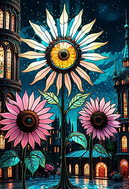 ((Animation Movie style:1.3)), ((cartoon style:1.2)), (low saturation:1.5), (muted colors:1.4), (soft pastel palette:1.3), (dreamlike atmosphere:1.2), (gentle lighting), (painterly texture), (clean lines), (smooth shading), (highly aesthetic), (best quality), (high resolution), (masterpiece)((Animation Movie style:1.3)), ((cartoon style:1.2)), (low saturation:1.5), (muted colors:1.4), (soft pastel palette:1.3), (dreamlike atmosphere:1.2), (gentle lighting), (painterly texture), (clean lines), (smooth shading), (highly aesthetic), (best quality), (high resolution), (masterpiece)
A futuristic cityscape, (buildings shaped like intricate sunflowers:1.5) made of (luminous stained-glass panels:1.8) and (dark, sleek metal frames:1.3), (low saturation deep teal, amber, and subtle violet tones:1.2), (light glowing from within structures), (geometric patterns), (flying vehicles passing through),
A fantastical floating garden, (flora shaped like delicate, translucent sun flower-crystals:1.5) made of (shimmering, ethereal glass:1.3), (low saturation iridescent pink, cyan, and pearl tones:1.2), (slowly drifting in air), (soft chimes of crystal), (magical light illuminating),