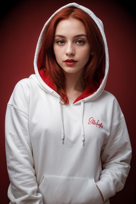 Hyperrealistic full body photography of a cute 21 years old girl,(with red hair:1.3), silver eyes, red lipstick, red eye shadow, blush, sexy look with pure innocence, (freckles:0.7)
(wearing a red hoodie:1.2), hoodie over the head, gangster look, female drug dealer,
detailed natural skin texture, seductive gaze, detailed lighting,(frontal shot against an entirely red backdrop:1.4), dreamy red pastel palette, whimsical details, captured on film, 
high quality, film grain, Fujifilm XT3 detailed skin with visible pores, insane details, masterpiece, 8k, 35mm photograph, dslr, kodachrome, faded film, desaturated, 35mm photo, grainy, vintage, Kodachrome, Lomography, stained, highly detailed, found footage, (intricate details:0.5),
  <lora:picxer_real:0.8>