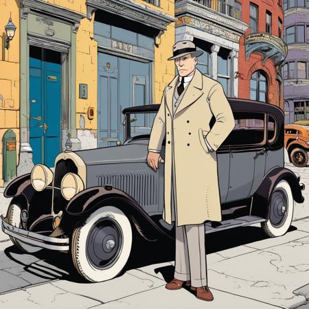 high-definition 8k flat-color cartoon artwork in jmst artstyle of greyscale black and white image of a 1920s noire detective standing in front of a car in a city