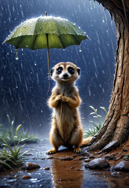 A delightful watercolor illustration in the style of Jean-Baptiste Monge, 
capture a loner, 
adorable meerkat seeking shelter under a tree trunk on a rainy day, 
dominating the unique spectacle of the downpour, 
presents a close-up of the meerkat's brilliance, 
reflective eyes, 
intricate floral backdrop, 
and the texture of his tail too fluffy, 
enhanced by ultra HD clarity and vivid colors, 
similar