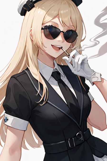 best quality, masterpiece, highres, solo, {black business suit:1.40}, {tie:1.20}, {sunglasses:1.25}, {white gloves:1.15}, {white shirt:1.10}, {black skirt:1.15}, {smoking:1.20}, handsome, {jervis_kantaicollection:1.15}, blonde_hair, long_hair, blue_eyes, hat, white_headwear, sailor_hat, smile, open_mouth