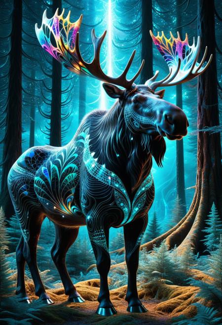 massive moose, covered in glowing fractal patterns, fur made of geometric crystal shapes, bioluminescent vines wrapped around its body, ancient forest background, mystical aura, powerful and majestic stance, surreal creature design, cinematic lighting, ultra-detailed fur texture, fantasy creature concept art, glowing eyes, 8k resolution, epic atmosphere, god-like presence, fractangles