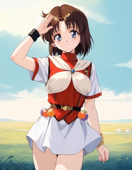 lilith (megami paradise), brown hair, short hair, blue eyes, light yellow neckerchief, short sleeves, wristband, white_skirt, white_ miniskirt, belt, socks, brown_footwear, 1990s (style), retro artstyle,