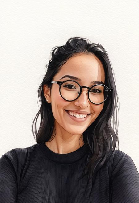 Watercolor cartoon illustration on solid white background, portrait of beautiful 28-year-old woman with black straigt hair wearing round black glasses and wearing a tight black top, smiling, slightly matte complexion, morocco girl, hyperdetailed photography, soft light, head and shoulders portrait, cover, Watercolor cartoon illustration, enchanted, adorable, Digital Cartoon Illustration, a simple and charming design