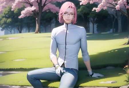 artstation, best quality, masterpiece, ultra detailed illustration, <lora:Szayelaporro4:0.8>, white glasses, 1man, sitting among the flowers, young, slim, ((clean shaven)), Szayelaporro, casual clothing, T-shirt, jeans, glasses, gloves, white turtleneck, pink hair, yellow eyes, (perfect composition:1.4), deviantart hd, artstation hd, concept art, detailed face and body, detailed hands, 12k ultrarealistic, trees, sakura, flovers, leaf, grass, field, animals, summer, village,  highres,