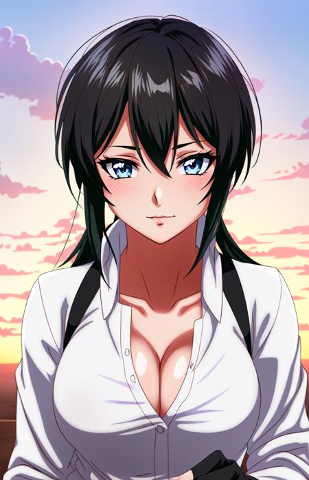 <lora:Elna Stongs:0.8> Elna Stongs, 1girl, solo, beautiful grey eyes, breasts, cleavage, blush, fingerless gloves, gloves, looking at viewer, shirt, black hair, medium breasts, white shirt, day, black gloves, collarbone, blurry, sky, upper body, cloud, hair between eyes, perfect lighting, ((shining face, shining body)), perfect face, eye shadow, ((gorgeous)), Extremely beautiful, perfect, (masterpiece:1.2), (best quality:1.2), cinematic, perfect skin, perfect lighting, textured skin, detail, beauty, overall, hour glass body, sharp focus, ultra-detailed, illustration, perfect face, ((gorgeous)), Extremely beautiful, perfect, detailed background, seductive, alluring, ((Shonen Style)), (detailed background, intricate background:1.1), beautiful ((Extremely Detailed)), ((Best Quality)), ((Masterpiece)), ((4k))