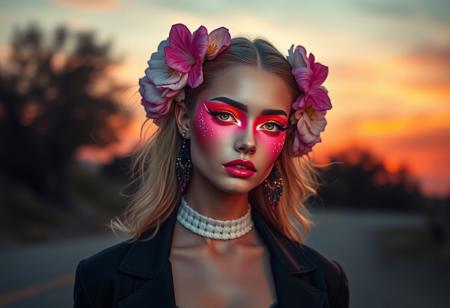 full-body shot, vibrant colors, fashionable person, floral hair accessories, glowing makeup, unique face design, cinematic lighting, trendy, (fall colors:1.2), sunset sky, dramatic shadows, photorealism, artistic, intricate details, high quality, glowing skin, modern fashion, surrealist fashion accessories, (beautiful eyes:1.3), smooth skin, aesthetic composition, glowing highlights, (high resolution:1.4), flowers in hair, detailed textures, expressive, creative style, modern surrealism, fantasy-inspired makeup