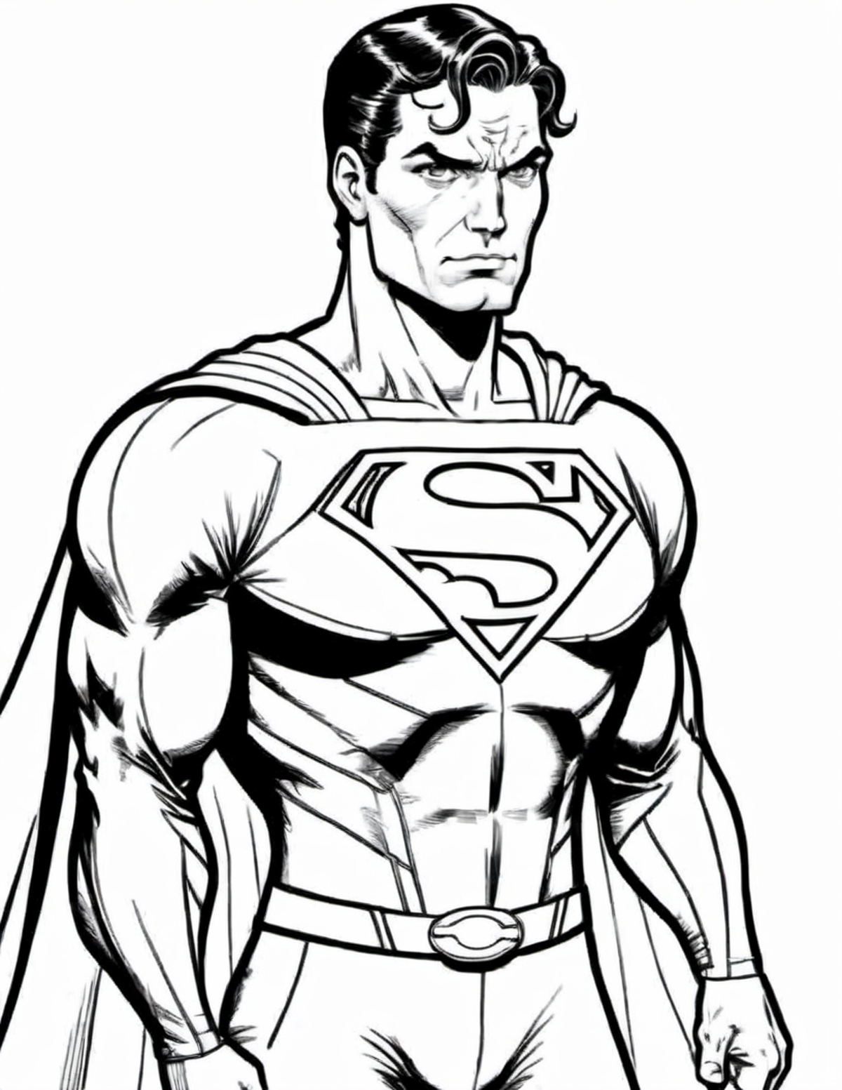 black and white, line art, coloring drawing of comic superman<lora:Coloring_book_-_LineArt:0.8>, white background, thick o...