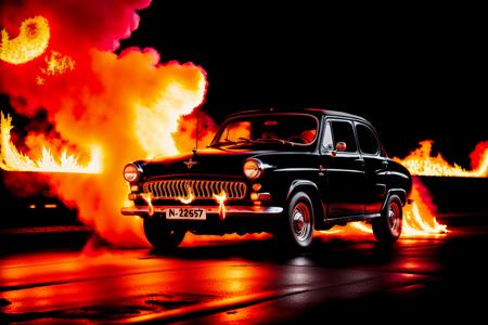 black GAZ21 ((with tongues of flame print)), NEED FOR SPEED, NFS ,((STANCE)), (night), sandstorm, photorealistic, shot by Sony a7iii <lora:GAZ21:.8>