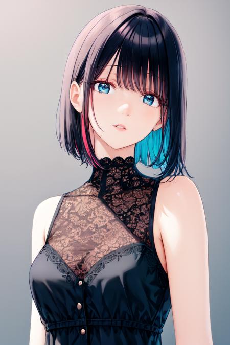 <lora:hiten_style:1>hitan style, 1girl,solo, upper body,looking at viewer, white background, bob cut, short hair, multicolored hair, makeup , parted lips, black lips, eyeliner, gothic, goth girl