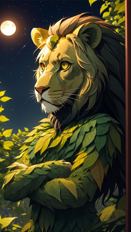 (masterpiece, best quality:1.2), (leafart, leaf:1.2), animal, solo, (lion:1.05), fur, majestic, outdoors, plant, night, starry sky