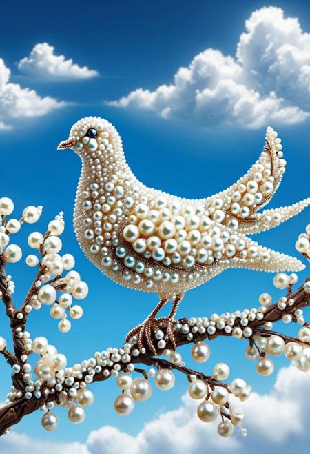 Pearlum, Dove made out of pearls on a branch, blue sky background, realistic, photography, high quality