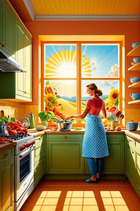 <lora:PE_EpicLand:0.9> PEEPICLAND, ILLUSTRATION,, A highly detailed mother in her kitchen preparing meal, window sunny day, happy, smiling,
