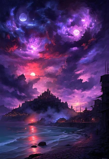 (by Ellen Jewett:1.5), (purple Bioluminescent Impressionism,  The Dreamland, core_9, panorama landscape, architecture, ships, wharf, sea, sunset, Italian village, Italy, enchanted fortress and fortified castle, above the clouds, mystical atmosphere, detailed stone and wood walls, magic mist swirls around, weibo, drawing, formal, retro 90's, red, black, science fiction, a dark sky lit by the glow of distant moons and neon lights. night, rockpunk, yoji shinkawa, James Jean, Ayami Kojima, village<lora:EnvyPanoramaXL01:0.5> PEAnimeBG, ethereal landscapes, depth of field, biotech emotion:1.3) <lora:xl_more_art-full_v1:0.5> <lora:add-detail-xl:1> <lora:RMSDXL_Creative:2>