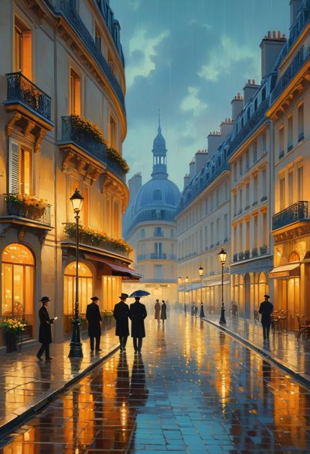 A poetic cityscape painting evoking early 20th-century Parisian charm, where tall, ornate buildings line a gently curving boulevard bathed in golden-hour light. The scene is captured with impressionist realism and soft, luminous brushwork, illuminating rain-slicked cobblestones and delicate reflections from glowing gas lamps. Figures in tailored coats and vintage hats stroll with quiet purpose, their silhouettes softly rendered in the atmospheric haze. Balconies brim with potted flowers, and warm cafés glow from behind wooden shutters, adding intimacy to the urban grandeur. The composition blends nostalgic elegance with timeless romance, imbued with Belle Époque glamour and the refined glow of a bygone Paris. The palette glows with soft ochres, dusky blues, and amber highlights, encapsulating a city steeped in quiet magic and cultural memory.