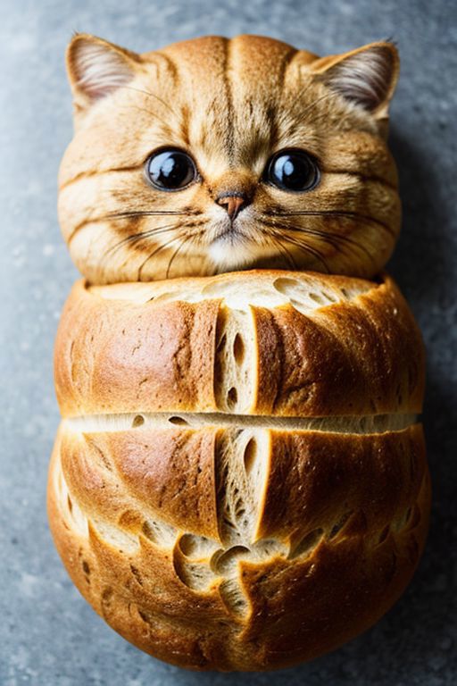A baked bread cat with eyes and a nose.