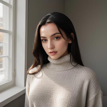 <lora:draculangelica_sd15_512_128_64_v1:1> 1girl solo looking at viewer  wearing a turtleneck sweater  epiCRealism