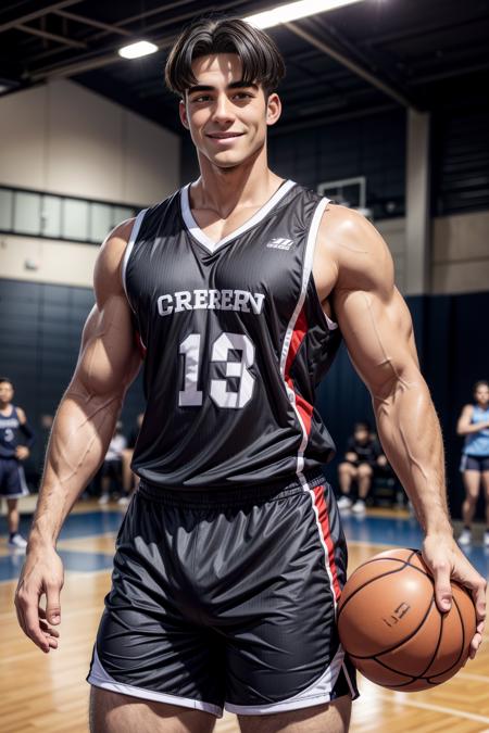 creedo_andrew, big biceps, large pectorals, looking at viewer, smile, short hair, black hair, 1boy, male focus, shorts, indoors, blurry, muscular, blurry background, sportswear, basketball, basketball uniform, basketball field <lora:add_detail:1>, <lora:creedo_andrew:0.6>