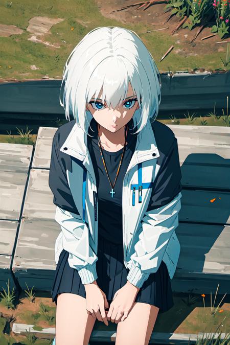 1girl close-up,white hair,jacket,from above,sitting