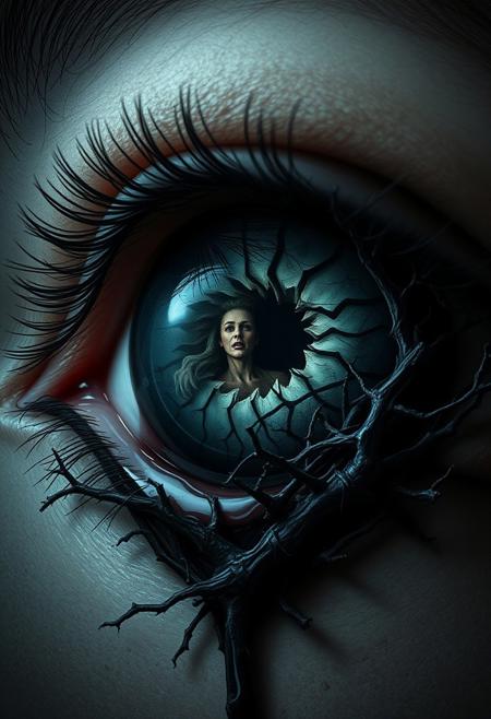 A single, opened eye stares out, its iris a swirling vortex of haunting imagery. The eye's insides are a dark, eerie realm, filled with twisted, nightmarish visions and macabre, gothic landscapes. As the eye begins to leak, the images spill out, like a pool of horror and nightmares, spreading across the surrounding surface. A tiny, ghostly figure emerges from the eye's corner, its face twisted in a scream of terror. Nearby, a tangled, thorny vine seems to writhe and twist, as if alive, its dark, woody tendrils reaching out like skeletal fingers. Every detail of the scene is meticulously rendered, from the intricate, web-like patterns on the eye's surface to the delicate, glistening tears that well up in its corner. The overall effect is one of chilling, surreal dread, as if the very fabric of reality is being torn apart by the horrors that lurk within. highest-Quality, intricate details, visually stunning, Masterpiece