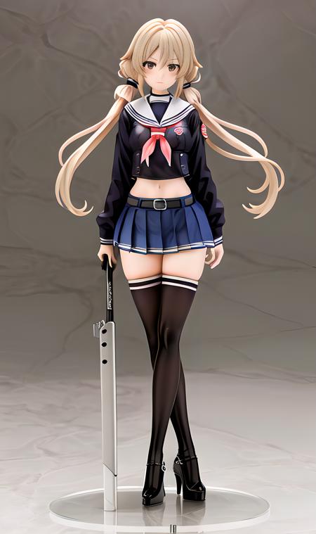 handmade style,best quality,1girl, solo, thighhighs, blonde hair, dual wielding, school uniform,  skirt, midriff, zettai ryouiki, serafuku, black thighhighs, navel,crop top, long hair, twintails, belt, high heels, full body, shoes, drill hair, pleated skirt, crossed legs,  <lora:TS_HandmadeModel_V20a:1>