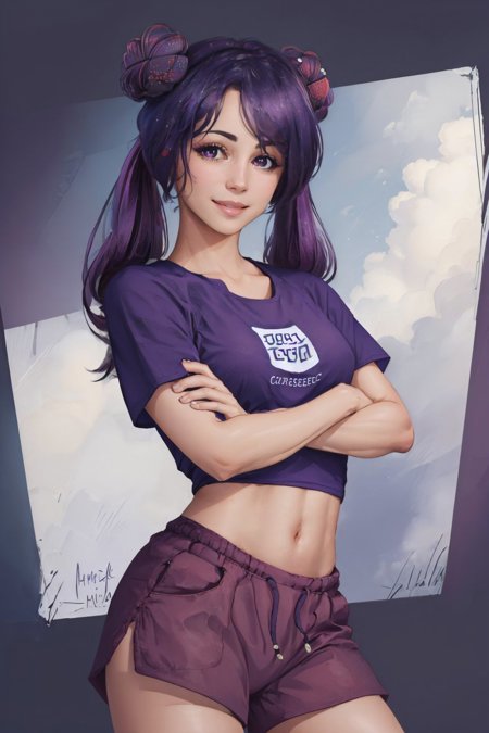 gog-chan twintails double bun purple shirt purple shorts midriff