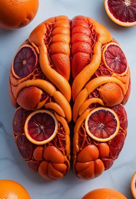 blood orange style, an epic photo of a human brain, made of blood oranges. masterpiece, best quality, highly detailed, sharp focus, dynamic lighting,