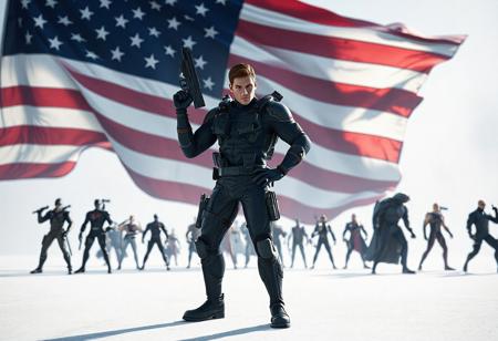 A muscular brown-haired Daredevil in blue/black tactical gear stands confidently on a stark white surface, gun in hand, hand on hip. A large American flag dramatically unfurls behind him. In the background, diverse Daredevil figures in dynamic poses. High-res 4K cinematic lighting, dynamic action pose, impeccable composition. Octane Render, Unreal Engine 5, Raphael Style influence. Trending on Artstation, CGSociety.