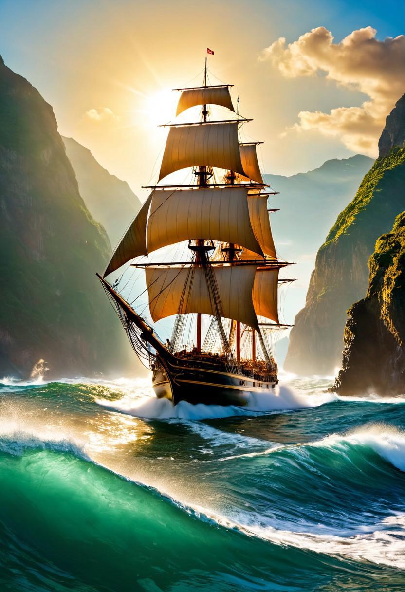 masterpiece, 8k, HDR, 3 D, best quality, photography, analog style, real life, extremely beautiful, (highly detailed, intricately detailed), A majestic ship sails through the ocean, with the sun shining down on the waves. In the background, mountains rise up, and a waterfall cascades down into the sea. The ship is the only sign of human life, and it is a beautiful example of maritime art. The painting is done in a nautical style, with the ship's sails billowing in the wind. The colors are bright and cheerful, reflecting the sunny day in the harbor. This is a stunning oil painting of a sailing ship that will transport you to another world.