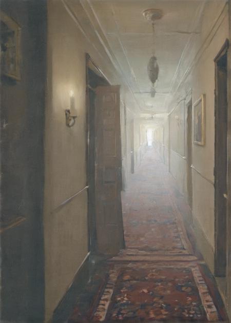 a spooky hallway in an old Victorian hotel  in the style of Kubrick by ClassipeintXL