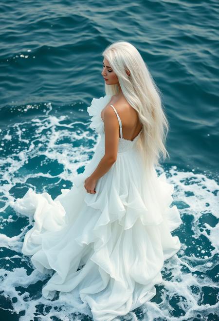 a woman, aprhodite goddess, dress made by the ocean waves, in the middle of the ocean, in white, white long hair, beautiful, high detailed, 8k.