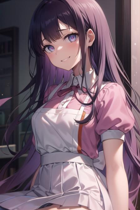 mikan tsumiki, long hair, purple hair, (purple eyes:1.1), bangs, blunt bangs, apron, bandaged leg, bandages, collared shirt, miniskirt, pink shirt, pleated skirt, puffy short sleeves, puffy sleeves, shirt, short sleeves, skirt, two-tone shirt, white apron, white shirt,