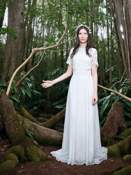 <lora:ArielTylor_SD15_v1.1:1> ArielTylor  full format cinematic photo pov  MeganRain  In a mystical forest, a beautiful ((woman)) discovers a hidden world of magic and wonder. She wears a flowing white dress, complete with a delicate crown of flowers and a shimmering cloak that seems to blend seamlessly into the surrounding foliage. She stands amidst a circle of ancient trees, their branches twisting and turning in a seemingly impossible manner.
In this polaroid photo, skin is soft and clear, her hair shiny and untamed. The lighting is soft and ethereal, with a dreamlike quality that captures the enchantment of the forest. The atmosphere is tranquil, as if time has stood still in this mystical place. (nude:-1) (topless:-1)