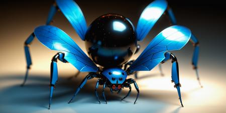 Mechanical robotic cute realistic bright blue insect (Spider with a spherical abdomen that is sleek and shiny.  The abdominis larger than its head and thorax, which are fused together. Like a small, plump black ball connected to a smaller, black head) with many small and large eyes standing in background complete black, unsettling, wide angle, nighttime, 
subsurface scattering, ultra hd, 4k, high def, Photorealistic, Hyperrealistic, Hyper detailed, analog style, realistic, masterpiece, best quality, ultra realistic, 8k, Intricate, High Detail, film photography, soft lighting,  heavy shadow
<lora:epi_noiseoffset2:1>, <lora:add_detail:0.8>, <lora:add-detail-xl:1> <lora:xl_more_art-full_v1:0.5>
<lora:KK_paperCut_v1:1>, paper_cut, (fractal art: 1.4)
