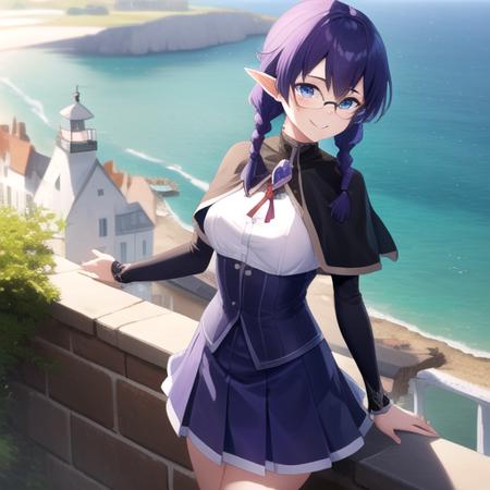 ((masterpiece)),(best quality),official art,extremely detailed CG,unity 8k wallpaper,ultra detailed,A lighthouse on a cliff by the sea,1girl,solo,cowboy shot,looking at viewer,maria (eiyuu kyoushitsu),pointy ears,black capelet,white shirt,long sleeves,juliet sleeves,puffy sleeves,medium breasts,turtleneck shirt,red ribbon,bangs,choker,glasses,twin braids,purple hair,socks,long hair,purple skirt,blue eyes,smile,<lora:Maria(ek)>,