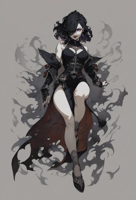 score_9, score_8_up, score_7_up, traditional art, line art, full body,
1girl, black hair, pale skin, purple eyes, hair over one eye, medium hair, medium breasts, red lipstick,
looking at viewer, eye contact, dark fantasy, high quality eyes,
<lora:Gogalking_-_style:0.8>, gogalking,
