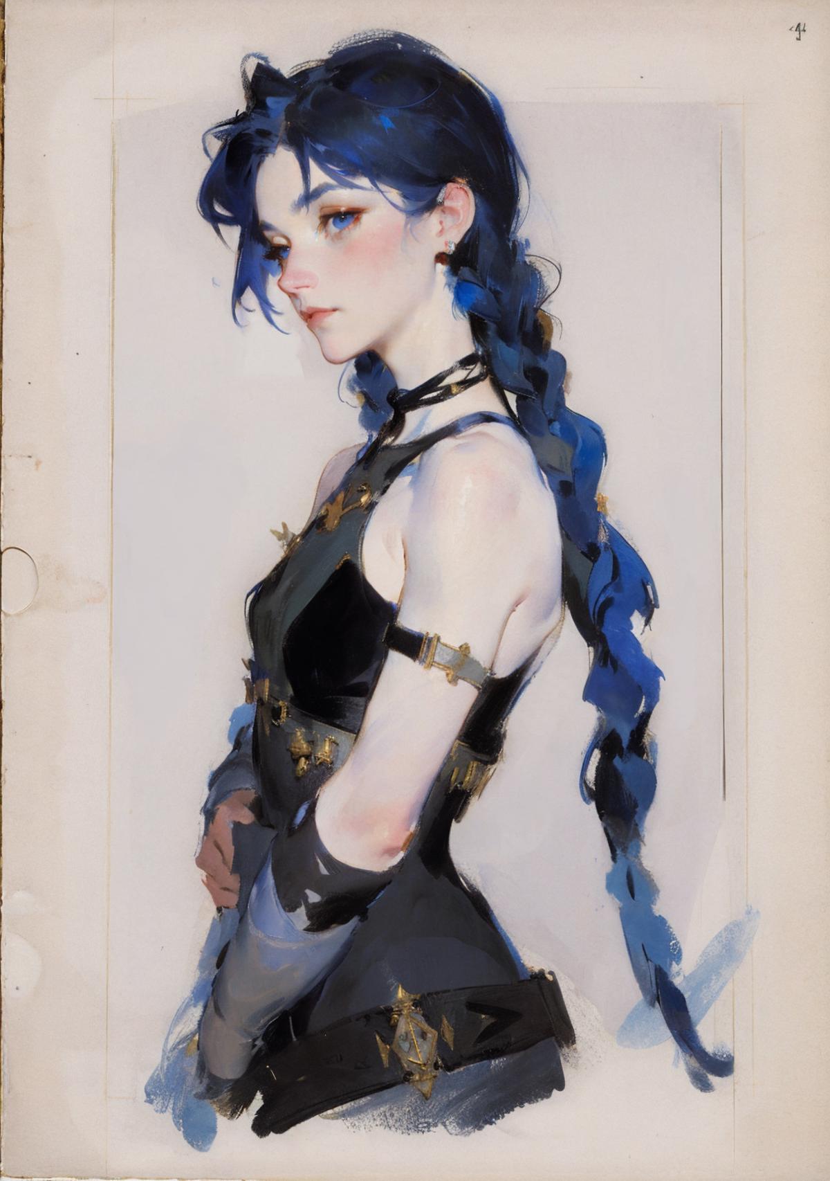 A drawing of a woman with blue hair and blue eyes is wearing a black dress.