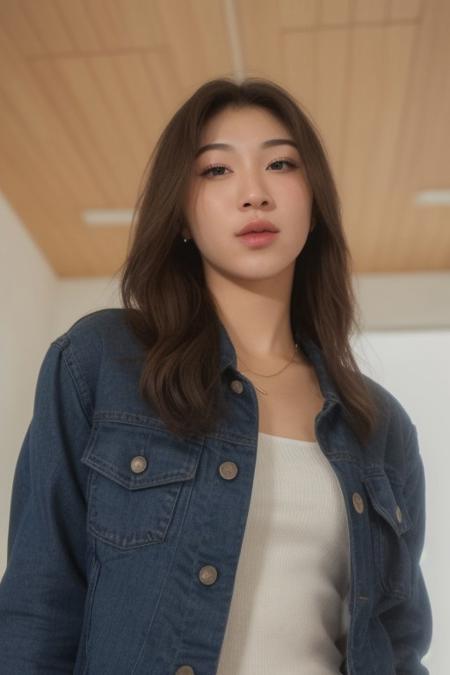 (beautiful polynesian woman, mixed korean, mixed japanese, korean idol,ulzzang-6500-v1.1), natural light, soft light, besth lighting, high resolution, 8k, (best quality, masterpiece:1.2), photorealistic, ultra high res, balloon, brown hair, sunset, ceiling light, denim jacket, black flower, arms up, neck ribbon, cigarette