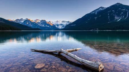 lake, summer in close, mountains with snow picks in far, best HDR photo, good sharpness