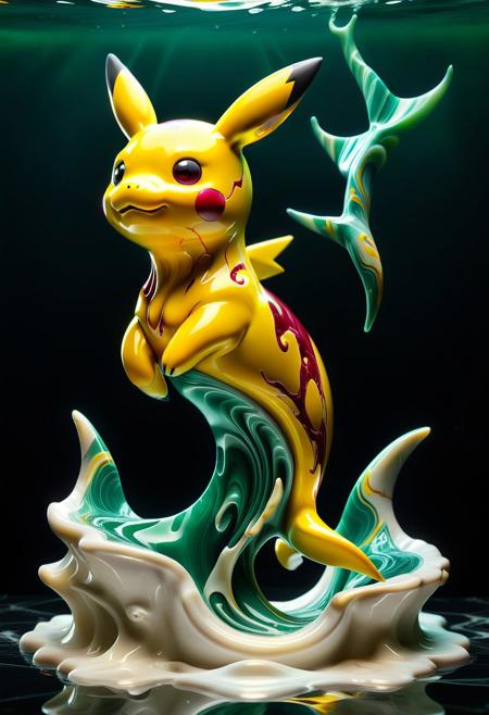 A hippocamp, a mythical creature with the front half of a pikachu and the back half of a shark, is sculpted from liquid marble in rich yellow and ruby tones. The marble flows in an ethereal, fluid form, swirling and dripping, as if the creature is emerging from a dream. The marble blends seamlessly between the deep green of jade and the fiery red of ruby, its body dripping and melting in a beautiful, organic motion. The swirling liquid creates a sense of fluidity and grace, giving the hippocamp an otherworldly, magical presence as it glides through an unseen sea or air.