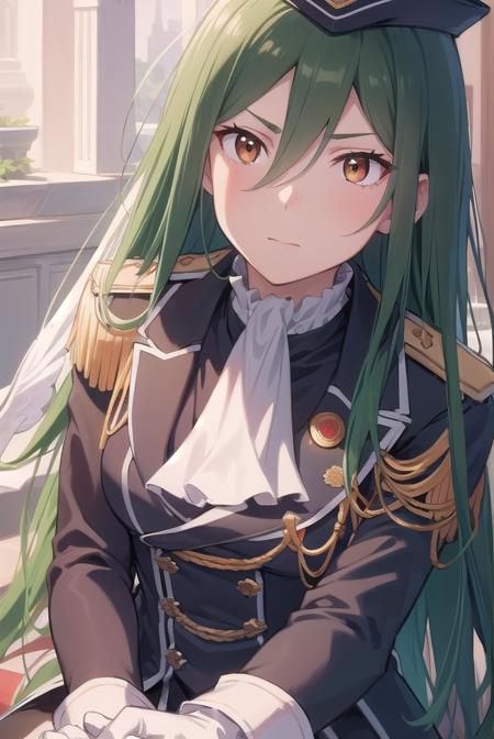 cruschkarsten, <lora:cruschkarsten-lora-nochekaiser:1>,
crusch karsten, long hair, hair between eyes, green hair, (brown eyes:1.4),
BREAK gloves, long sleeves, hat, jacket, boots, frills, white gloves, black footwear, uniform, military, ascot, military uniform, armband, epaulettes, white ascot,
BREAK looking at viewer, full body,
BREAK outdoors,
BREAK <lyco:GoodHands-beta2:1>, (masterpiece:1.2), best quality, high resolution, unity 8k wallpaper, (illustration:0.8), (beautiful detailed eyes:1.6), extremely detailed face, perfect lighting, extremely detailed CG, (perfect hands, perfect anatomy),