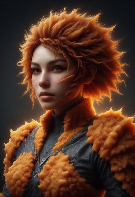 Ultrarealistic. sharp focus, dynamic lighting. play of light, Raytracing, Ultra detailed. (((DFC Style))). A beautiful female samurai warrior wearing an armor made of deep fried & crispy breading. Katana in hand. Cowboy shot. Make up.DFC, skulldog, skull head