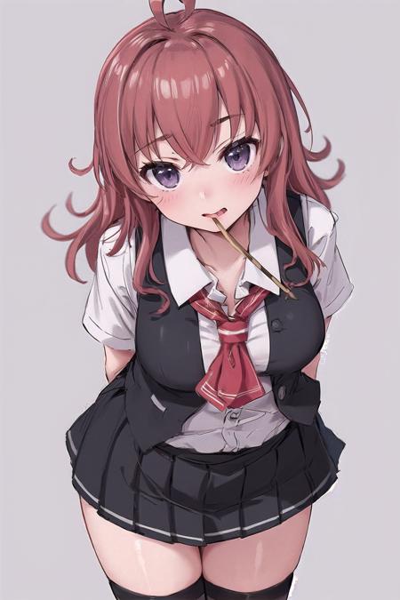 arashi, 1girl, solo, long hair, looking at viewer, skirt, simple background, shirt, thighhighs, cleavage, medium breasts, school uniform, purple eyes, white shirt, ahoge, short sleeves, red hair, cowboy shot, pleated skirt, food, black thighhighs, black skirt, twitter username, vest, dated, neckerchief, leaning forward, mouth hold, arms behind back, blouse, messy hair, red neckerchief, one-hour drawing challenge, black vest, pocky, grey thighhighs, pocky day, <lora:arashi-10:1.000000>