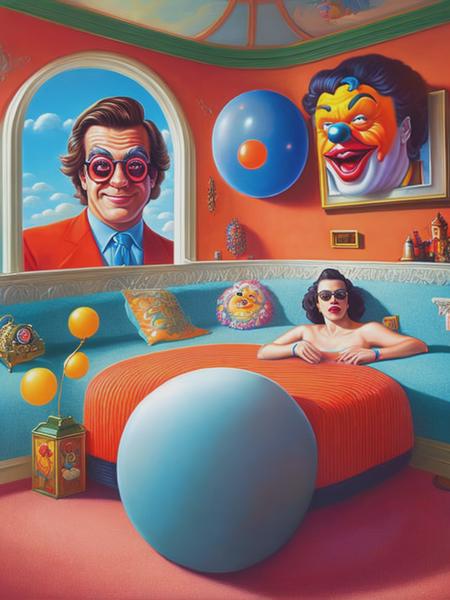 <lyco:AlexGross:1.0> clowncore solarium, in the style of Alex Gross and Stanley Kubrick