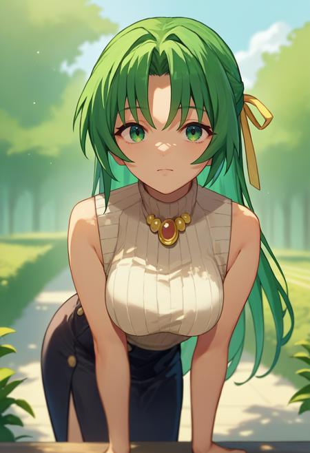 sonozaki shion, green hair, long hair, green eyes, yellow ribbon, detached collar, detached sleeves, black dress, black thighhighs, turtleneck sweater, black skirt, yellow necklace, white shirt, blue necktie, pleated skirt, black kneehighs